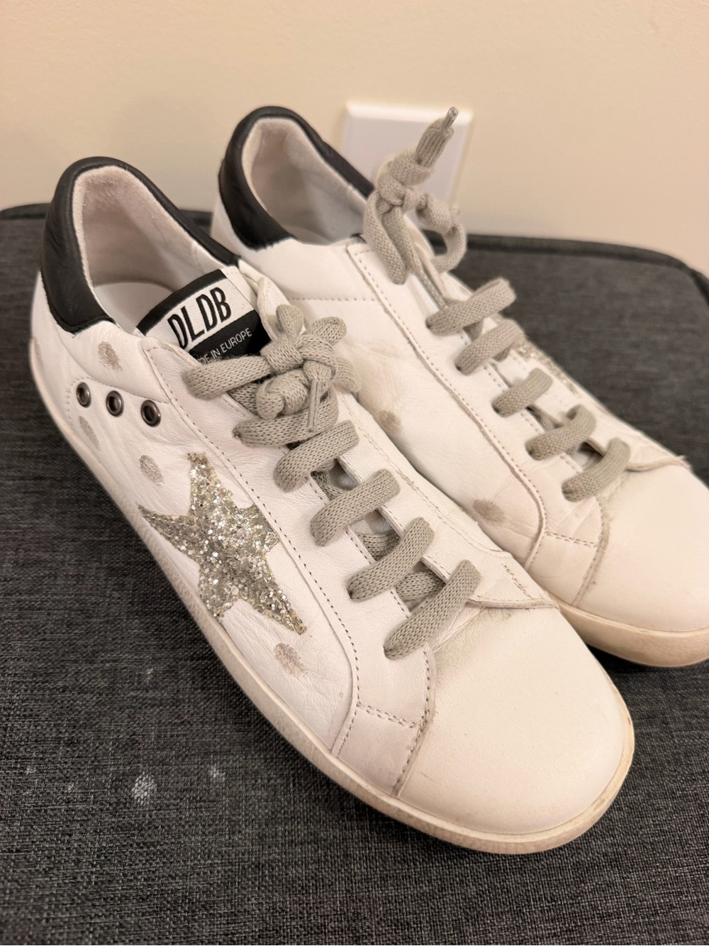 White Leather Sneakers with Silver Glitter Star